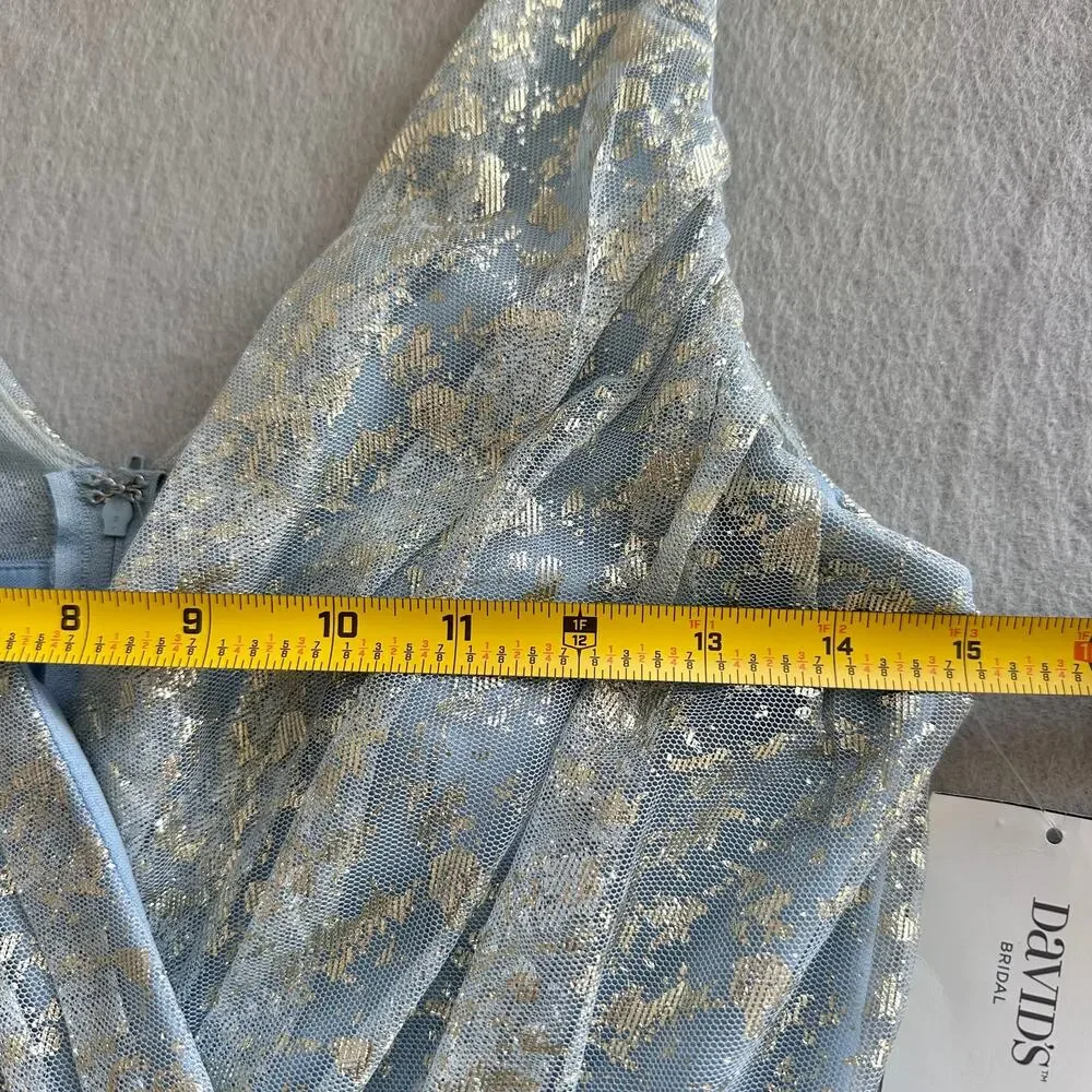 Teeze Me Metallic Foil Pleated V-Neck Gown From David's Bridal Light Blue Sz 5 - Picture 14 of 16